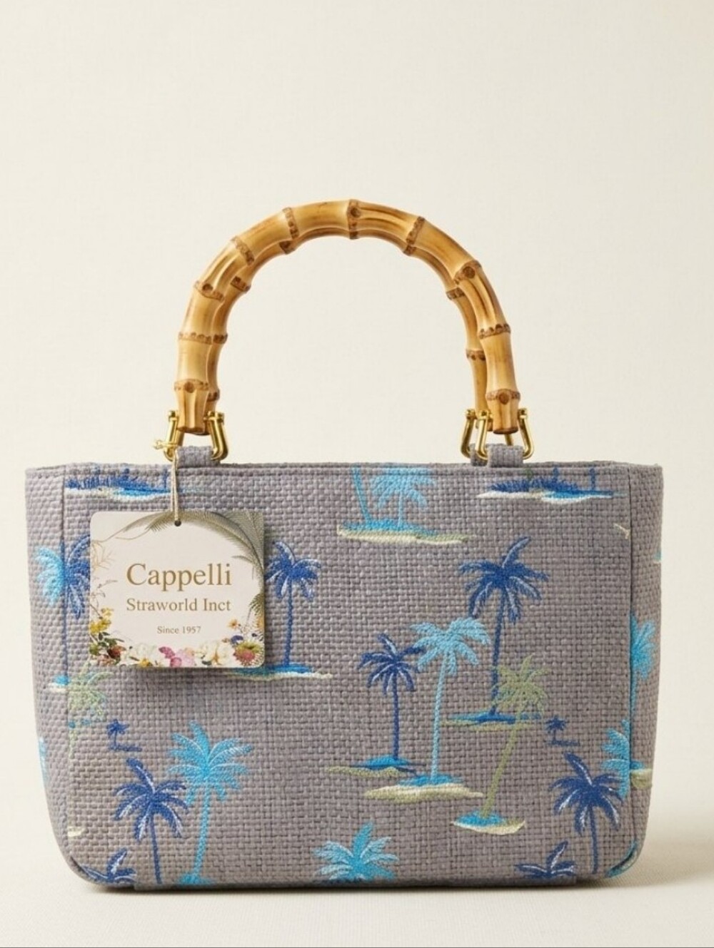 Cappelli Straworld Gray Tote with Blue Palm Print & Bamboo Handles.NWT